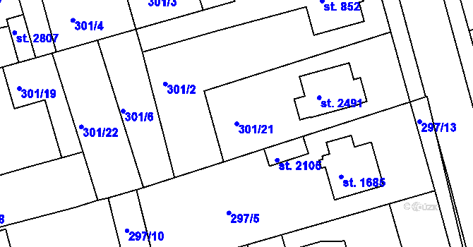 Parcela st. 301/21 v KÚ Brandýs nad Labem, Katastrální mapa