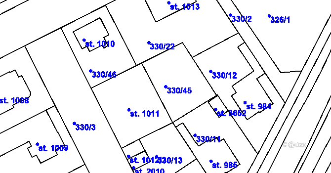 Parcela st. 330/45 v KÚ Brandýs nad Labem, Katastrální mapa