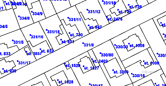 Parcela st. 331/8 v KÚ Brandýs nad Labem, Katastrální mapa