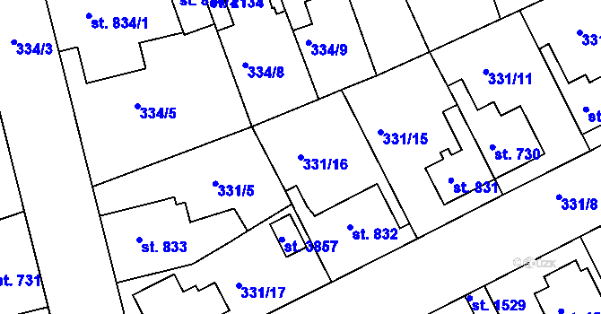 Parcela st. 331/16 v KÚ Brandýs nad Labem, Katastrální mapa