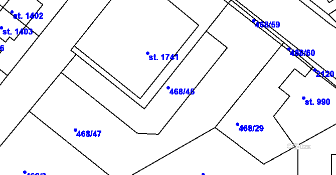 Parcela st. 468/45 v KÚ Brandýs nad Labem, Katastrální mapa