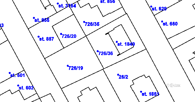 Parcela st. 726/36 v KÚ Brandýs nad Labem, Katastrální mapa