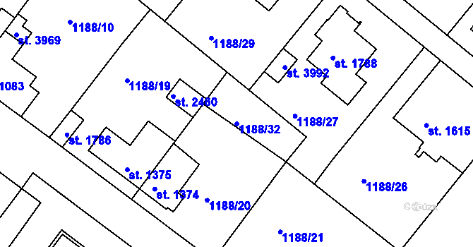 Parcela st. 1188/32 v KÚ Brandýs nad Labem, Katastrální mapa