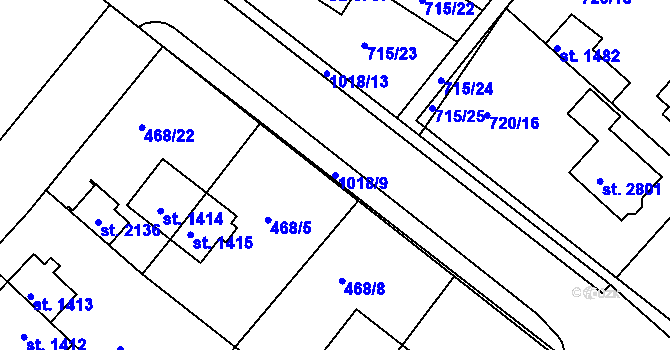 Parcela st. 1018/9 v KÚ Brandýs nad Labem, Katastrální mapa