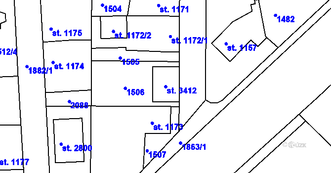 Parcela st. 3412 v KÚ Brandýs nad Labem, Katastrální mapa