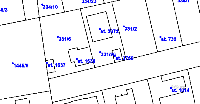 Parcela st. 331/26 v KÚ Brandýs nad Labem, Katastrální mapa