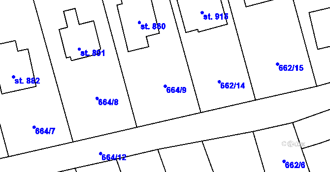 Parcela st. 664/9 v KÚ Brandýsek, Katastrální mapa