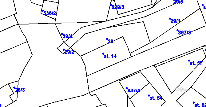 Parcela st. 14 v KÚ Křižanov u Branic, Katastrální mapa