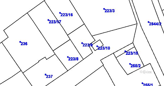 Parcela st. 223/9 v KÚ Branišovice, Katastrální mapa