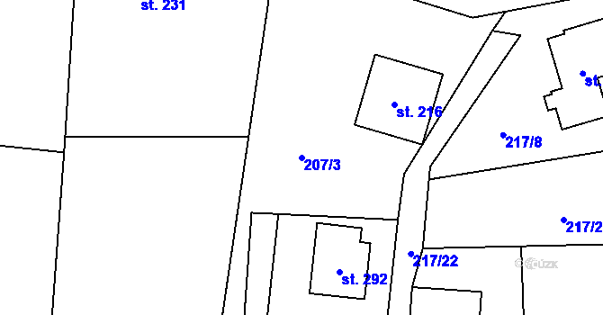 Parcela st. 207/3 v KÚ Branky, Katastrální mapa