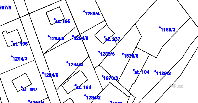 Parcela st. 1289/5 v KÚ Radim u Brantic, Katastrální mapa