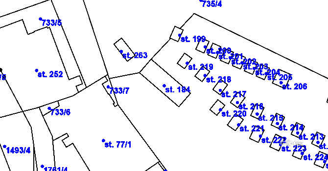Parcela st. 184 v KÚ Bratrouchov, Katastrální mapa