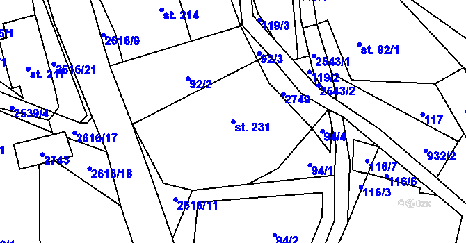 Parcela st. 231 v KÚ Bratřejov u Vizovic, Katastrální mapa