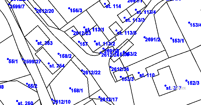 Parcela st. 2612/24 v KÚ Bratřejov u Vizovic, Katastrální mapa