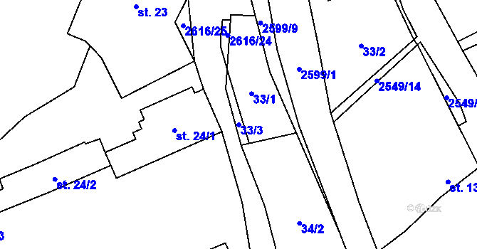 Parcela st. 33/3 v KÚ Bratřejov u Vizovic, Katastrální mapa