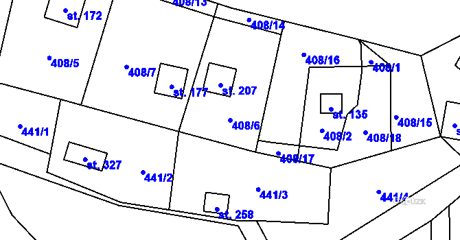 Parcela st. 408/6 v KÚ Bratřínov, Katastrální mapa