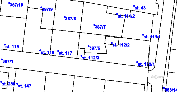 Parcela st. 387/6 v KÚ Brňany, Katastrální mapa