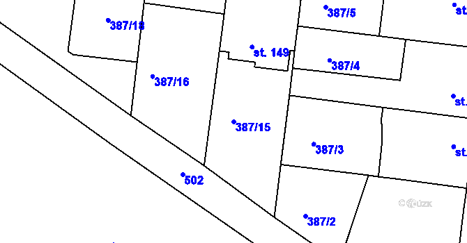 Parcela st. 387/15 v KÚ Brňany, Katastrální mapa
