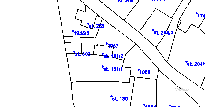 Parcela st. 181/2 v KÚ Podzámčí, Katastrální mapa