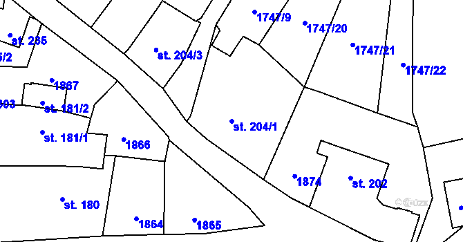 Parcela st. 204/1 v KÚ Podzámčí, Katastrální mapa