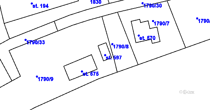 Parcela st. 597 v KÚ Podzámčí, Katastrální mapa