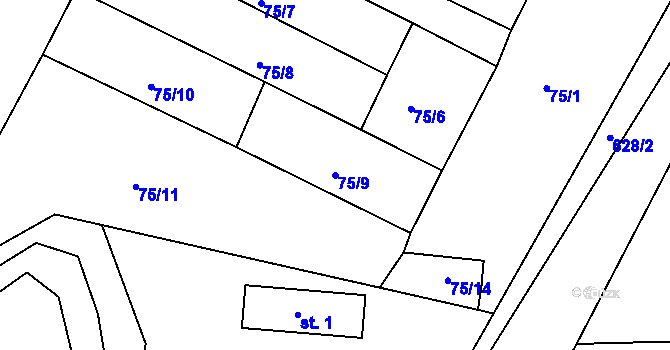 Parcela st. 75/9 v KÚ Hlemýždí, Katastrální mapa