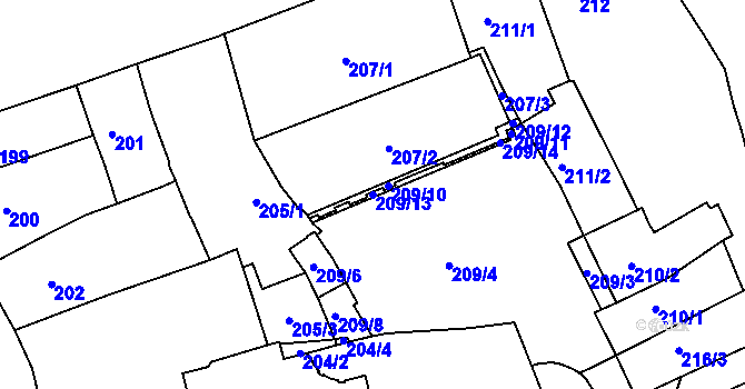 Parcela st. 209/13 v KÚ Město Brno, Katastrální mapa