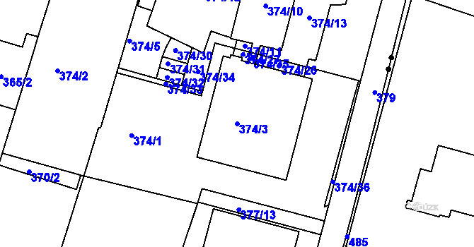 Parcela st. 374/3 v KÚ Pisárky, Katastrální mapa