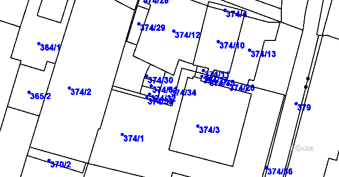 Parcela st. 374/34 v KÚ Pisárky, Katastrální mapa