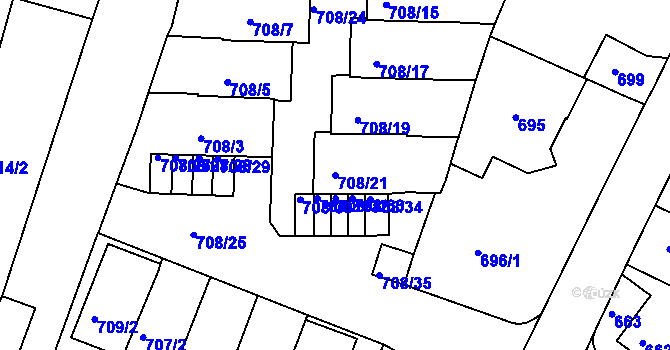 Parcela st. 708/21 v KÚ Nový Lískovec, Katastrální mapa