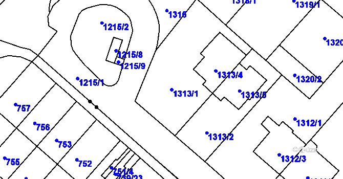 Parcela st. 1313/1 v KÚ Stránice, Katastrální mapa