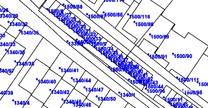 Parcela st. 1500/36 v KÚ Stránice, Katastrální mapa