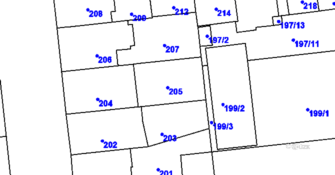 Parcela st. 205 v KÚ Veveří, Katastrální mapa