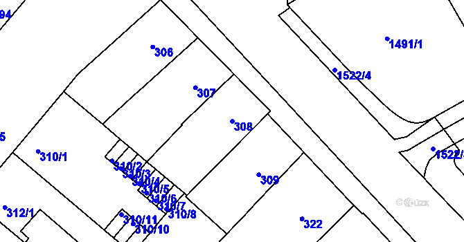 Parcela st. 308 v KÚ Veveří, Katastrální mapa