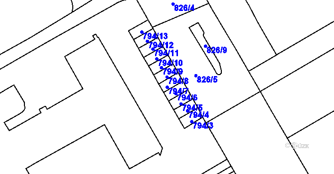 Parcela st. 794/7 v KÚ Veveří, Katastrální mapa