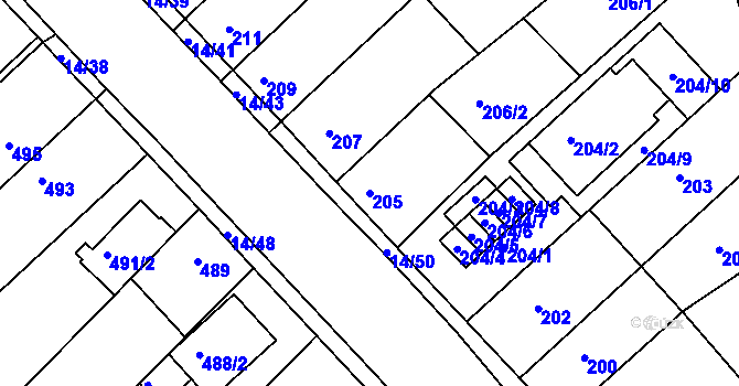 Parcela st. 205 v KÚ Jundrov, Katastrální mapa