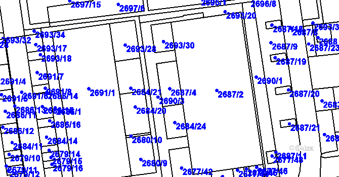Parcela st. 2687/4 v KÚ Jundrov, Katastrální mapa