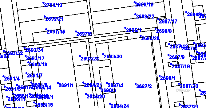 Parcela st. 2693/30 v KÚ Jundrov, Katastrální mapa