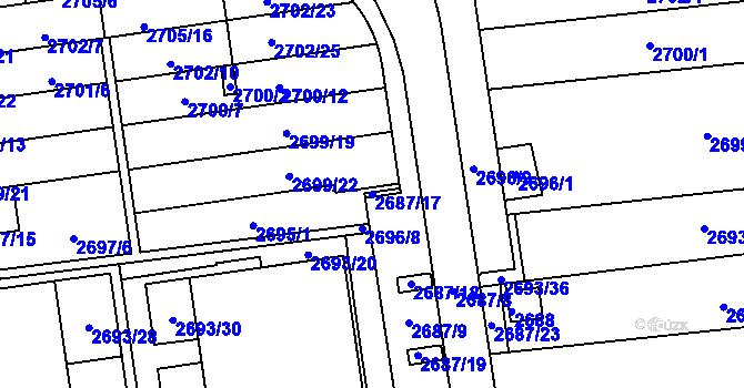 Parcela st. 2687/17 v KÚ Jundrov, Katastrální mapa