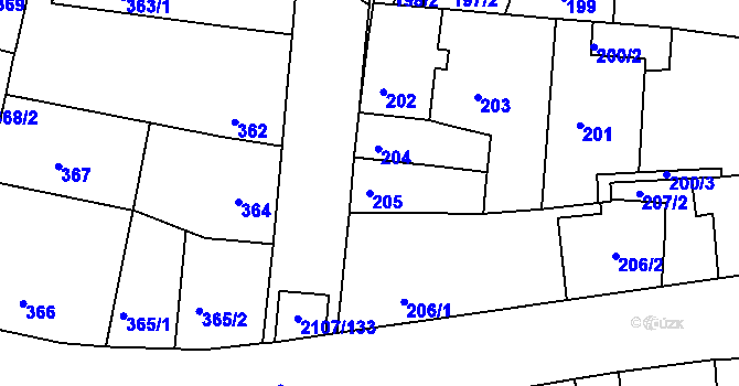 Parcela st. 205 v KÚ Komín, Katastrální mapa