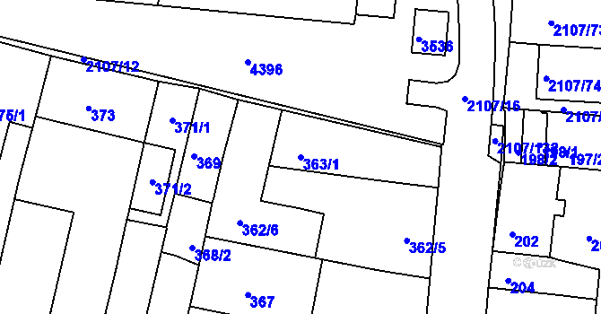 Parcela st. 363/1 v KÚ Komín, Katastrální mapa