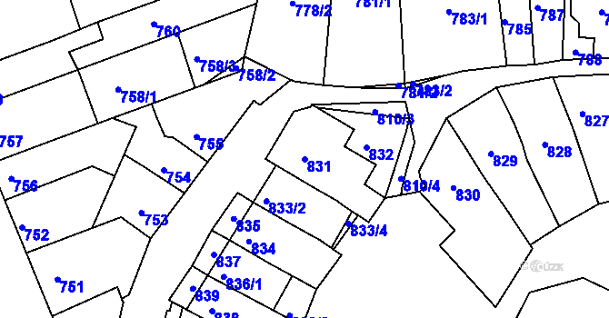 Parcela st. 831 v KÚ Komín, Katastrální mapa