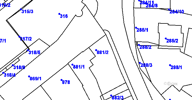 Parcela st. 881/2 v KÚ Komín, Katastrální mapa