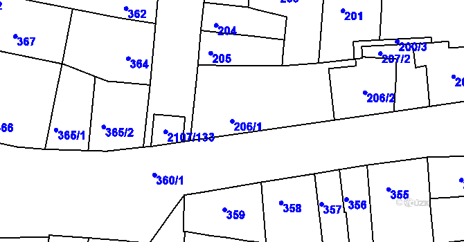 Parcela st. 206/1 v KÚ Komín, Katastrální mapa