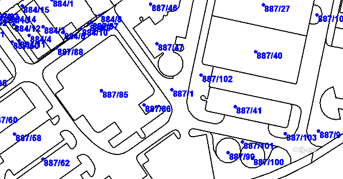 Parcela st. 887/1 v KÚ Zábrdovice, Katastrální mapa