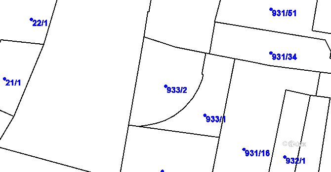 Parcela st. 933/2 v KÚ Zábrdovice, Katastrální mapa