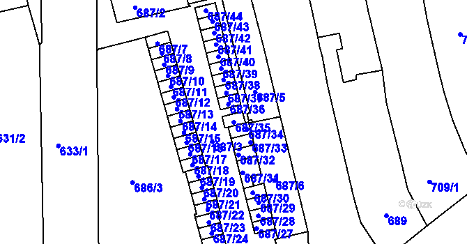 Parcela st. 687/35 v KÚ Zábrdovice, Katastrální mapa