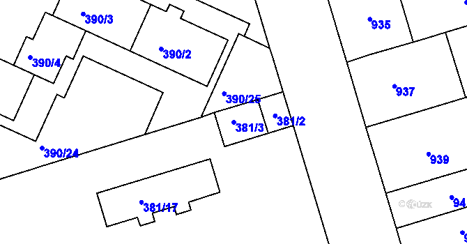 Parcela st. 381/3 v KÚ Černá Pole, Katastrální mapa