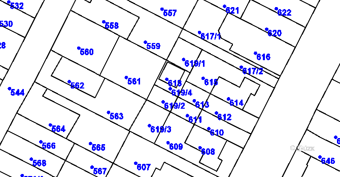 Parcela st. 619/4 v KÚ Černá Pole, Katastrální mapa