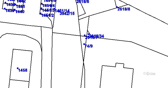 Parcela st. 74/9 v KÚ Husovice, Katastrální mapa